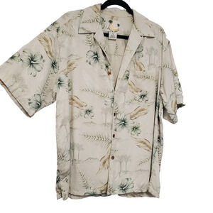 Banana Cabana 100% Silk Hawaiian Shirt Men's L Green Muted Floral Print Relaxed